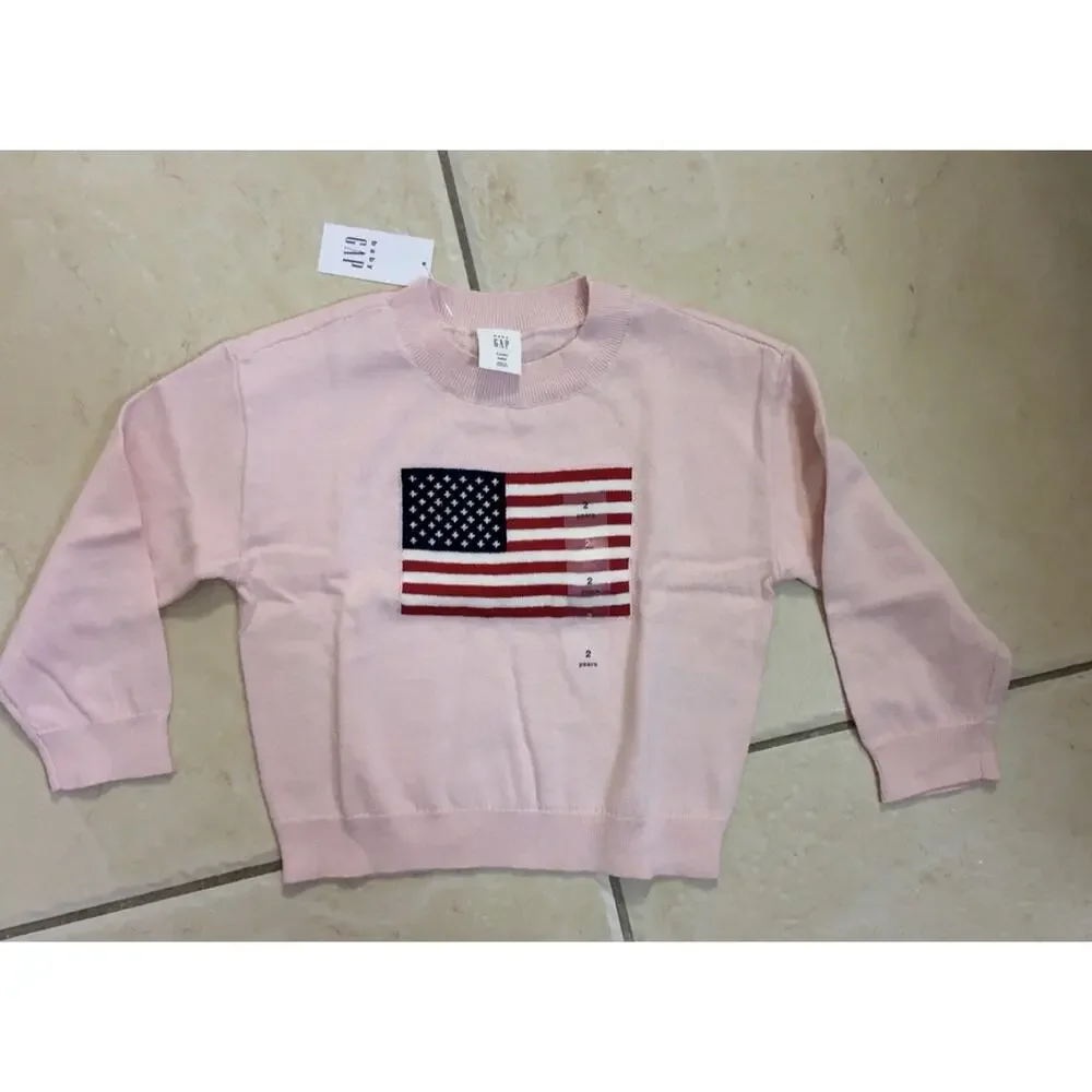 Gap Kids Pink Cotton Knit Crewneck Flag Pullover Sweater Long Sleeve 2Y